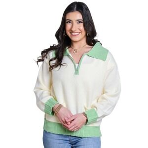 Papermoon Cream and Green V-Neck Sweater with‎ Sporty Zipper